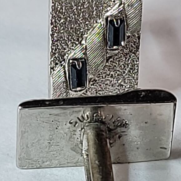 Vintage Swank Chevron 5 Black Stones Silver Tone Cufflinks Tie Tack Whale Back - Picture 7 of 7